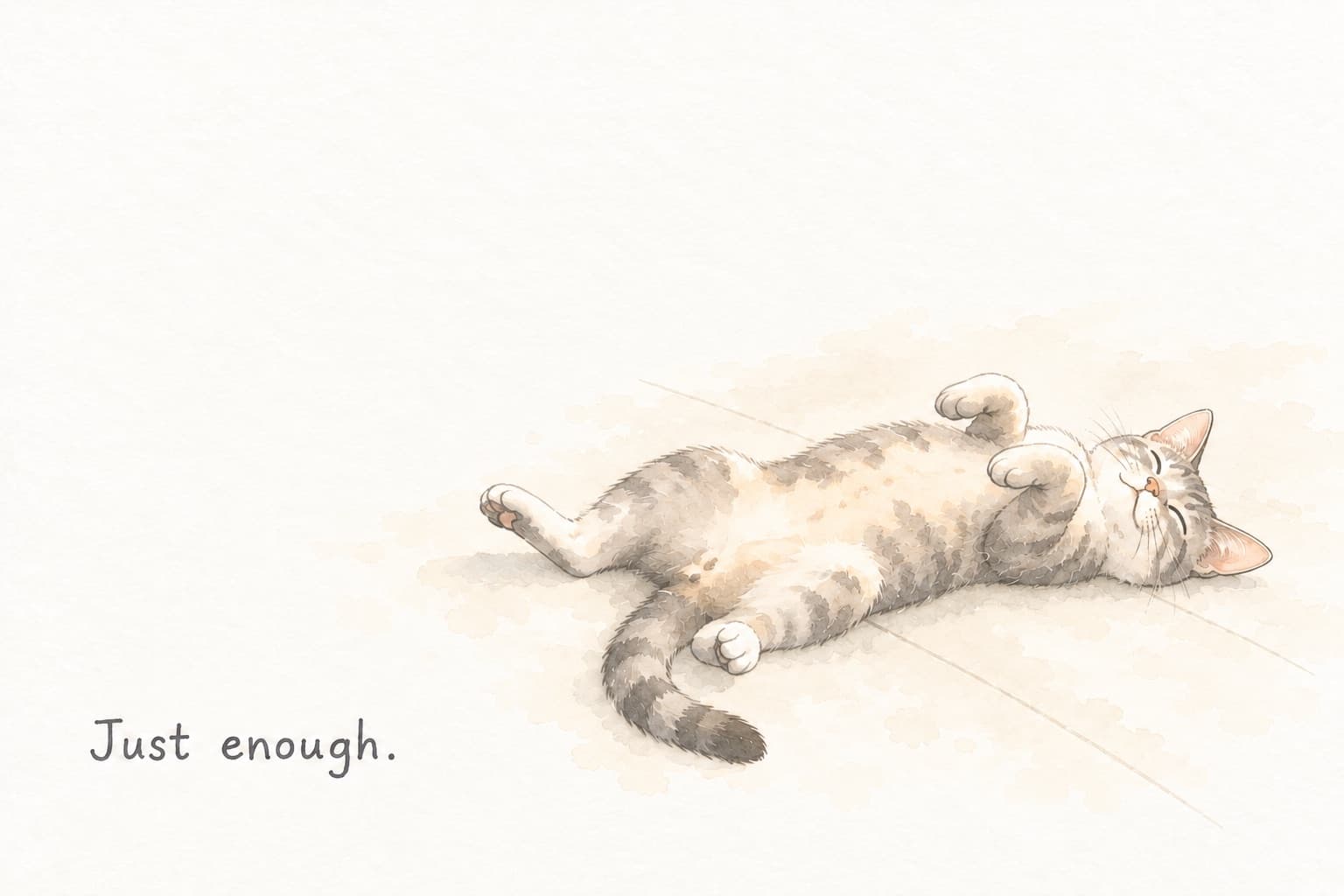 A cat lying belly-up in the sun, next to the words "Just enough."